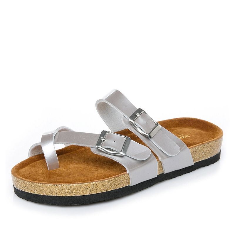 Comfortabele Strandslippers Met Dubbele Gesp Voor Dames Platte Kurken Sandalen