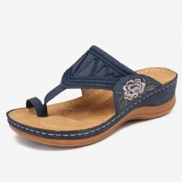 Dames Bloem Borduurwerk Teen Ring Comfy Casual Dagelijks Zomer Wedge Sandalen