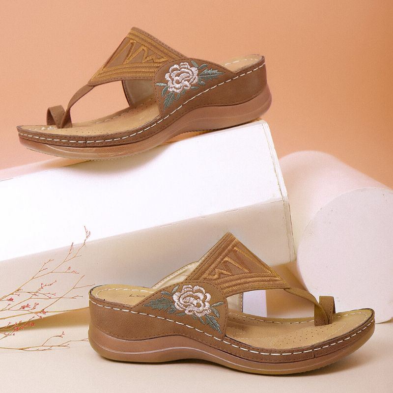 Dames Bloem Borduurwerk Teen Ring Comfy Casual Dagelijks Zomer Wedge Sandalen