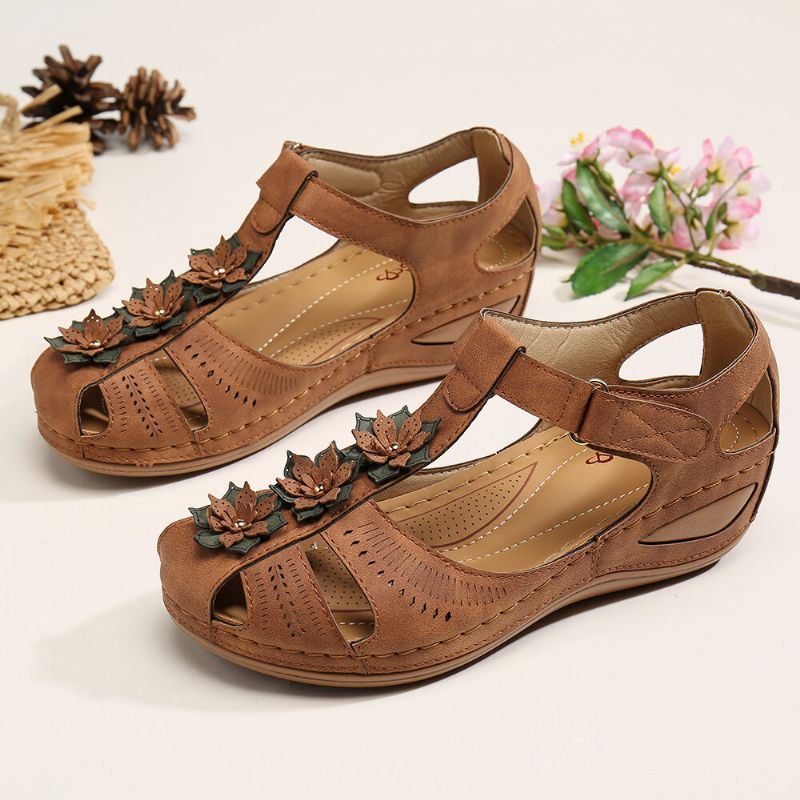 Dames Bloem Decro Uitsparing Haaklus Ademende Casual Wedge Sandalen