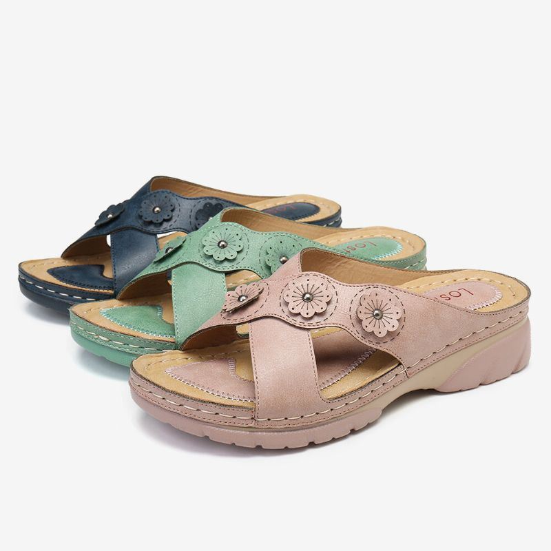 Dames Bloemdecoratie Cross Strap Slip On Casual Daily Beach Wedge Sandalen