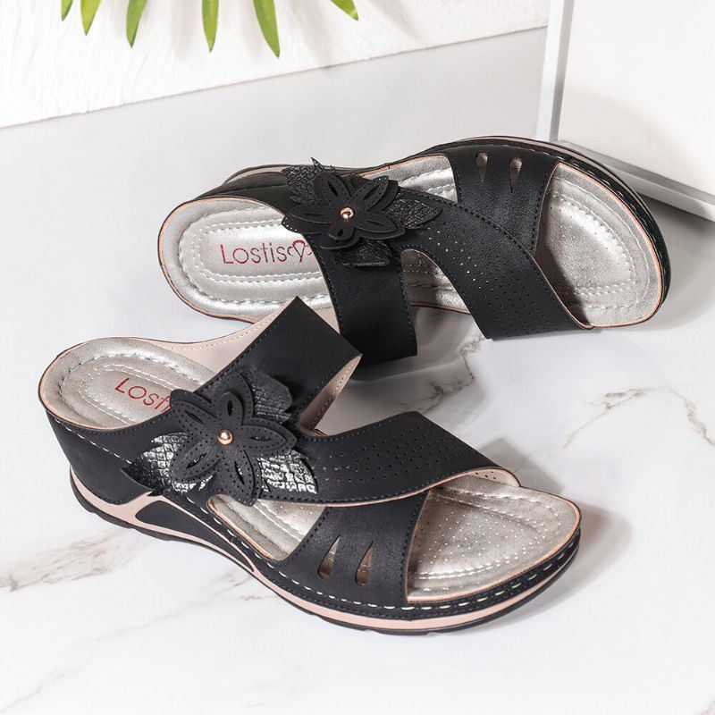 Dames Bloemdecoratie Slip On Hollow Out Soft Casual Wedge Sandalen