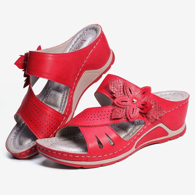 Dames Bloemdecoratie Slip On Hollow Out Soft Casual Wedge Sandalen