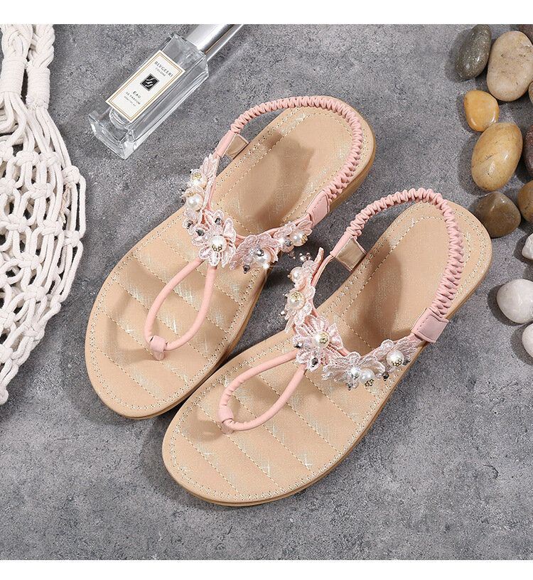 Dames Bloemen Decor Clip Teen Flats Slip Op Sandalen