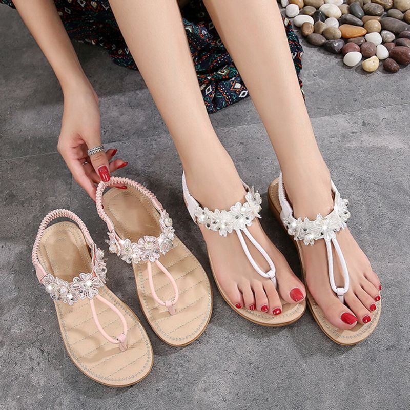 Dames Bloemen Decor Clip Teen Flats Slip Op Sandalen