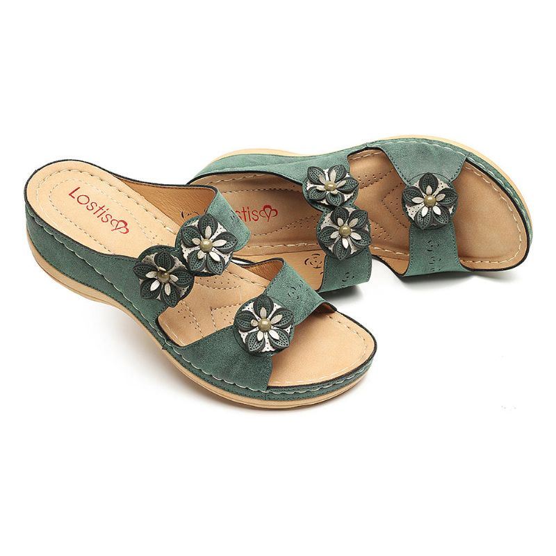 Dames Bloemen Slip On Soft Casual Wedge Sandalen