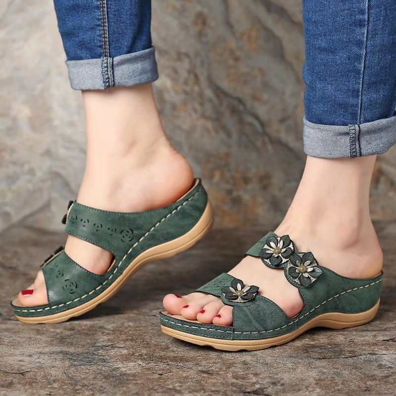 Dames Bloemen Slip On Soft Casual Wedge Sandalen