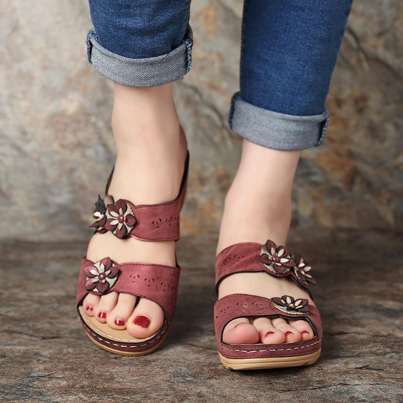 Dames Bloemen Slip On Soft Casual Wedge Sandalen