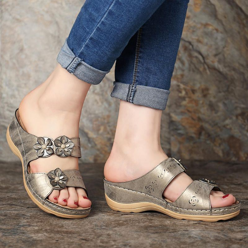 Dames Bloemen Slip On Soft Casual Wedge Sandalen