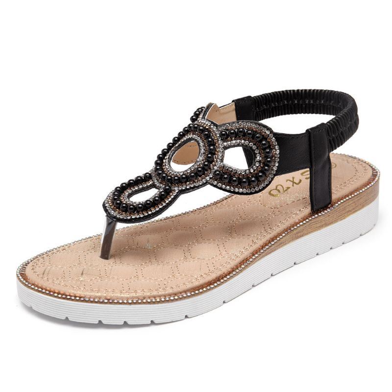 Dames Boheemse Strass Kraal Platte Sandalen Casual Vakantie Dame Sandalen