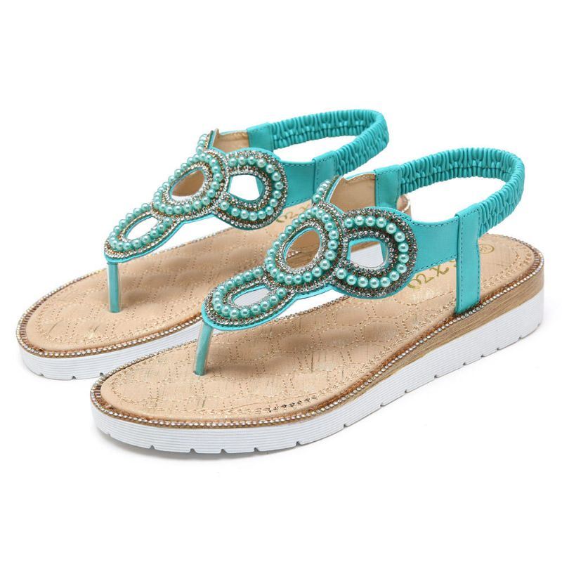 Dames Boheemse Strass Kraal Platte Sandalen Casual Vakantie Dame Sandalen