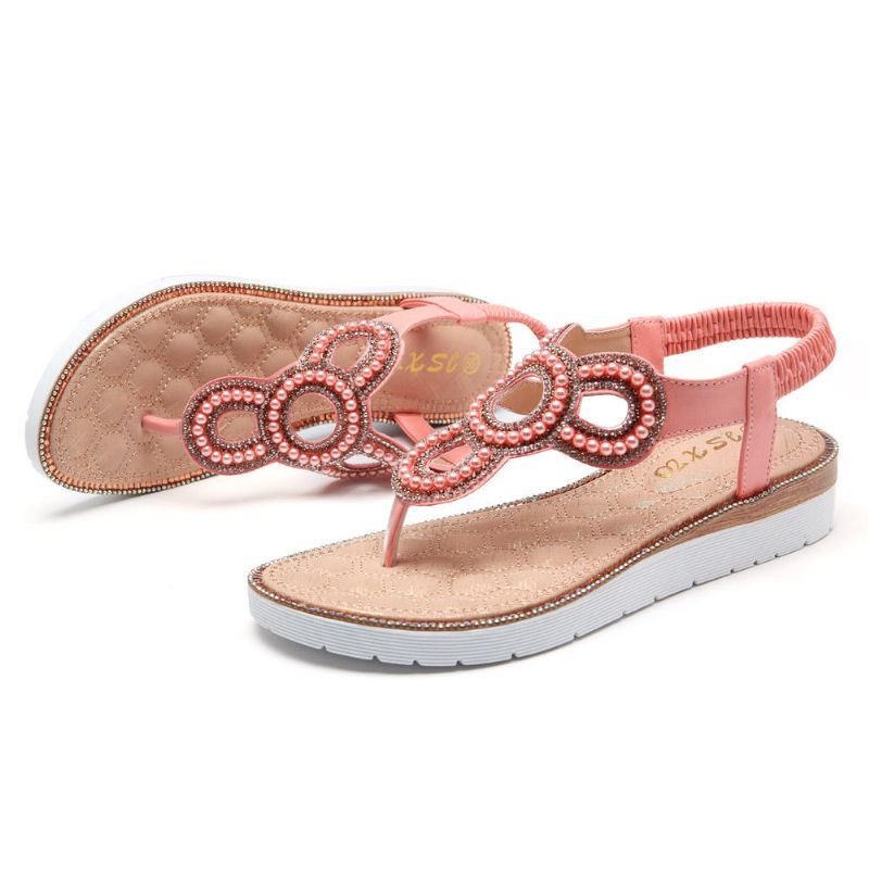 Dames Boheemse Strass Kraal Platte Sandalen Casual Vakantie Dame Sandalen