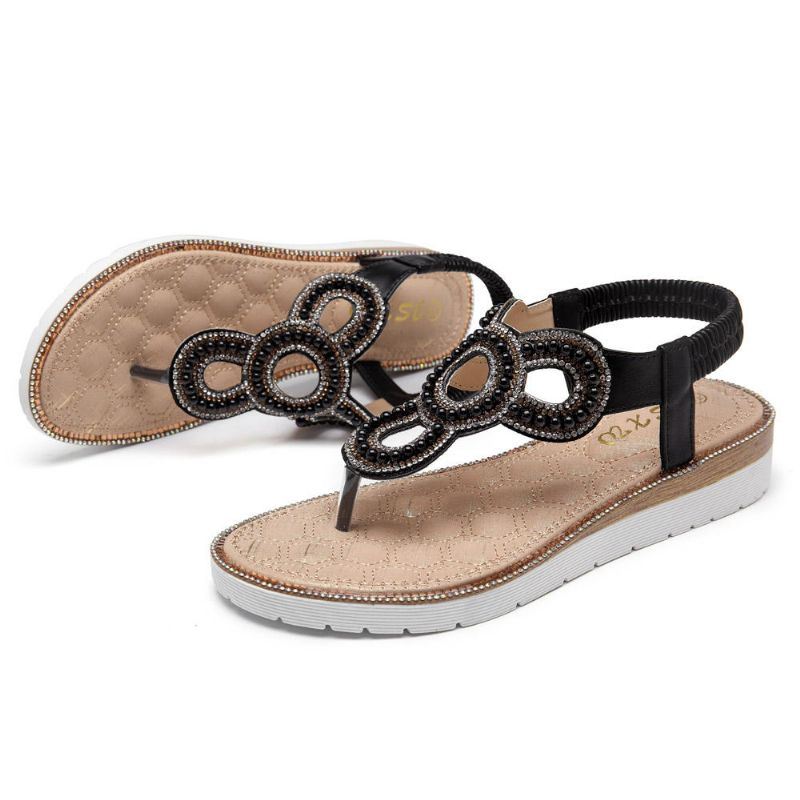 Dames Boheemse Strass Kraal Platte Sandalen Casual Vakantie Dame Sandalen