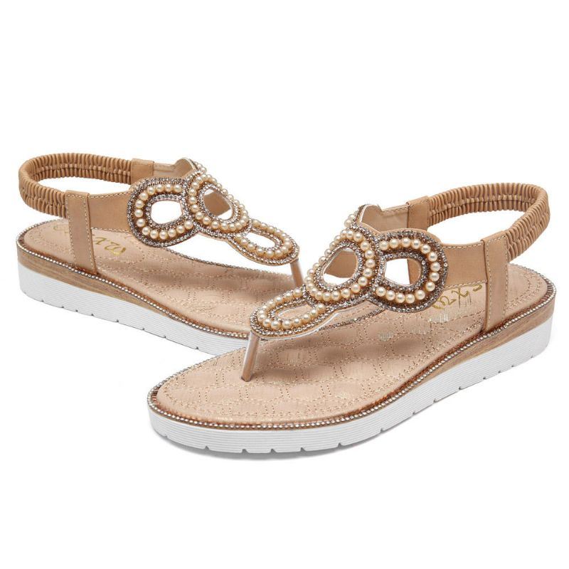 Dames Boheemse Strass Kraal Platte Sandalen Casual Vakantie Dame Sandalen