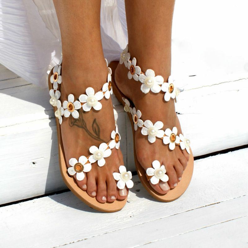 Dames Bohemen Bloem Decro Kralen Teen Ring Casual Zomer Strand Platte Sandalen