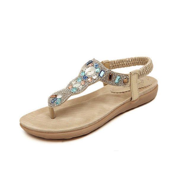 Dames Bohemen Kraal Strass Elastische Strand Platte Sandalen Peep Toe Teenslippers