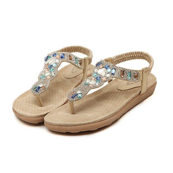 Dames Bohemen Kraal Strass Elastische Strand Platte Sandalen Peep Toe Teenslippers