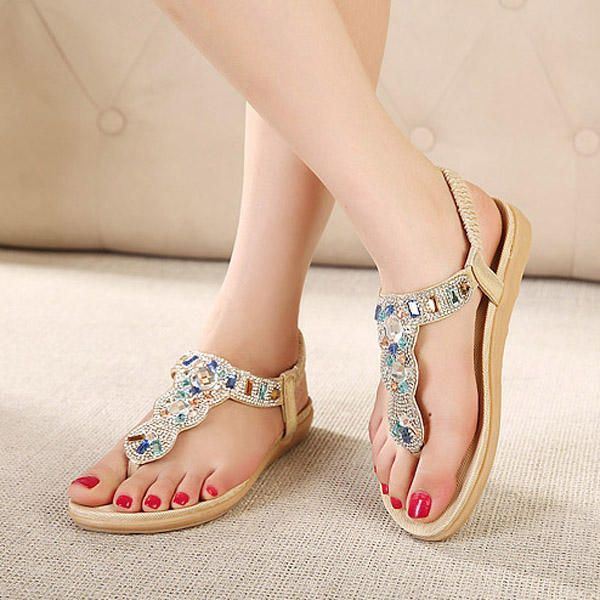 Dames Bohemen Kraal Strass Elastische Strand Platte Sandalen Peep Toe Teenslippers