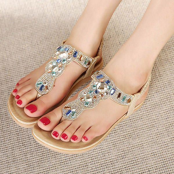 Dames Bohemen Kraal Strass Elastische Strand Platte Sandalen Peep Toe Teenslippers