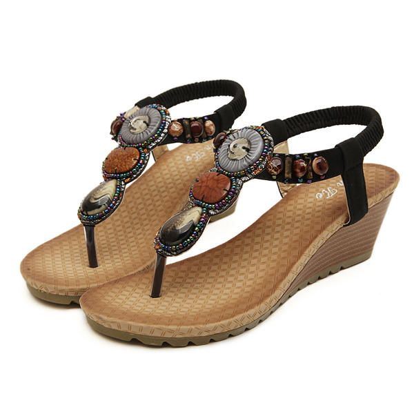 Dames Bohemen Kraal Wedge Strand Sandalen Slip Op Slippers Elastische Peep Toe Wedges