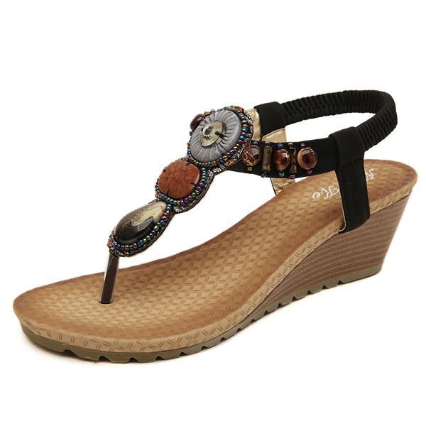 Dames Bohemen Kraal Wedge Strand Sandalen Slip Op Slippers Elastische Peep Toe Wedges