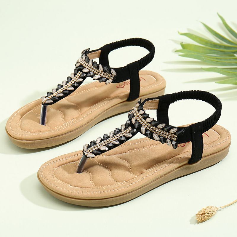 Dames Bohemen Kralen Elastische Band Slip On Casual Zomer Strand Platte Sandalen