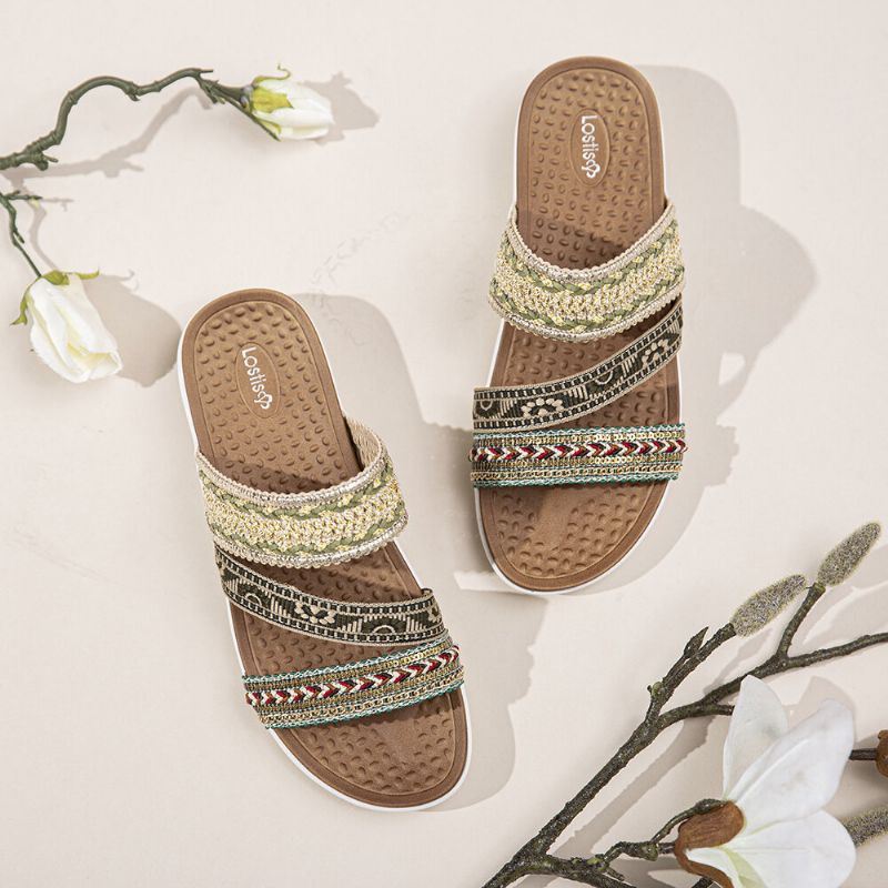 Dames Bohemen Open Teen Zachte Zool Casual Zomer Strand Slides Platte Sandalen