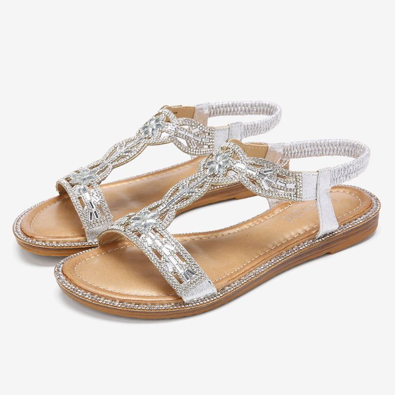 Dames Bohemen Strass Hollow Elastische Slip On Casual Sandalen