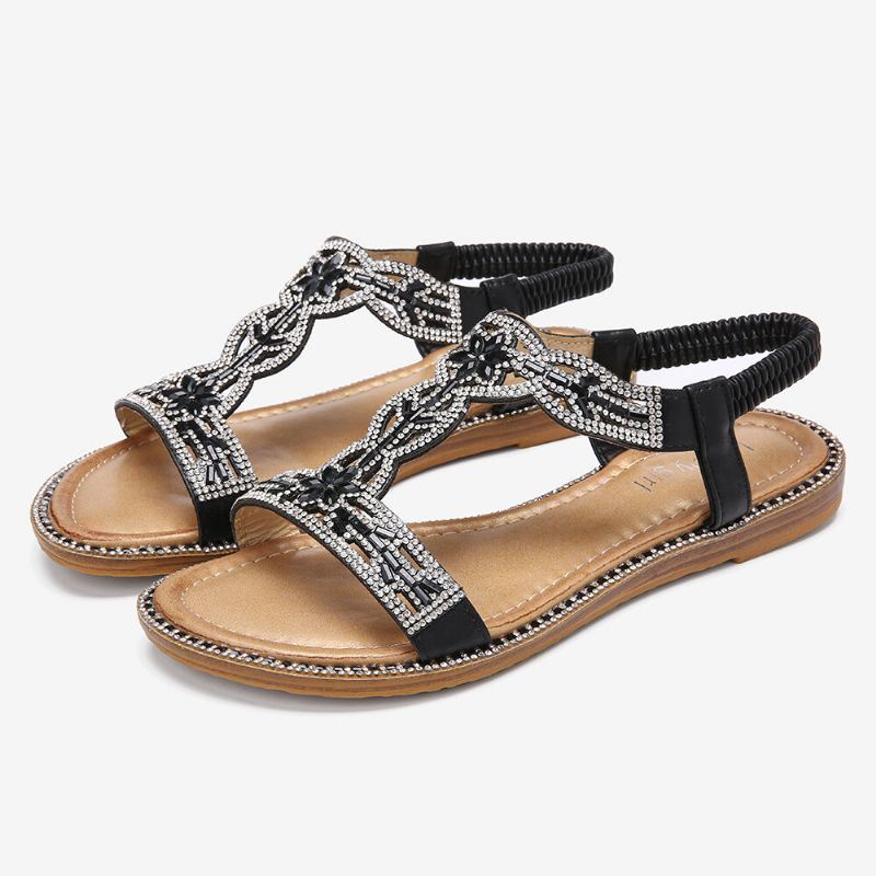 Dames Bohemen Strass Hollow Elastische Slip On Casual Sandalen