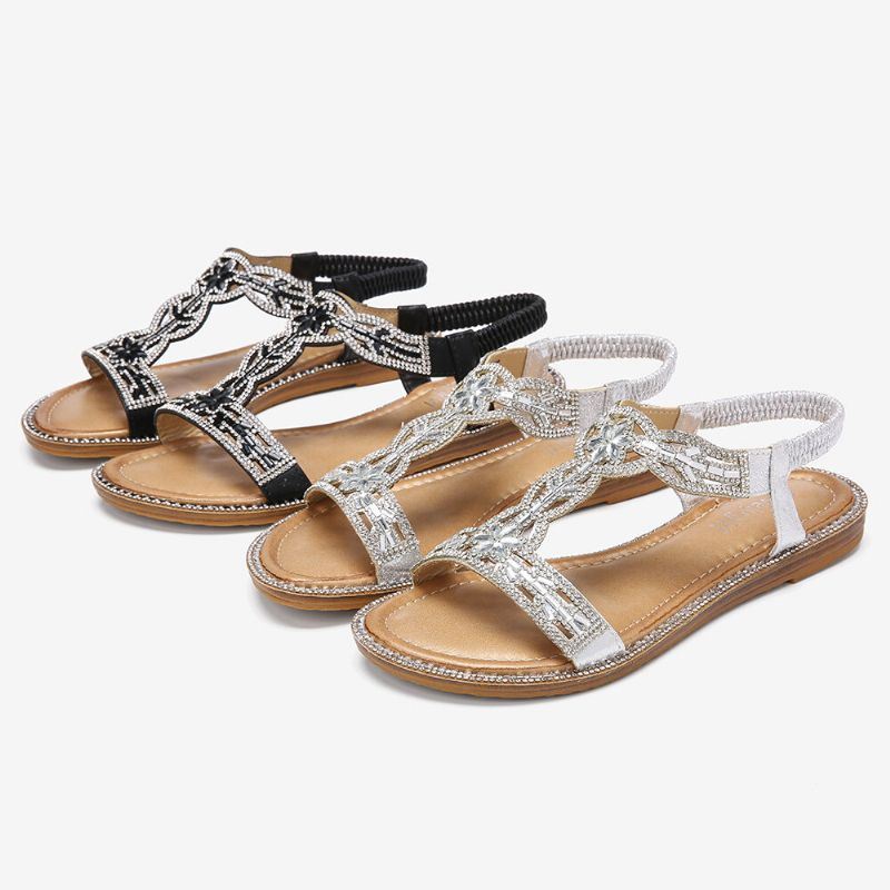 Dames Bohemen Strass Hollow Elastische Slip On Casual Sandalen