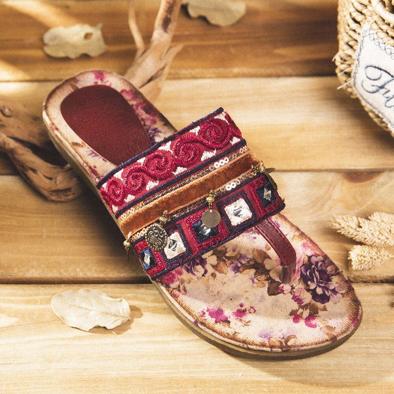 Dames Bohemian Bead Clip Teen Geborduurde Folkways Bloem Patroon Zachte Zool Flip Flop Zomer Strand Casual Platte Sandalen