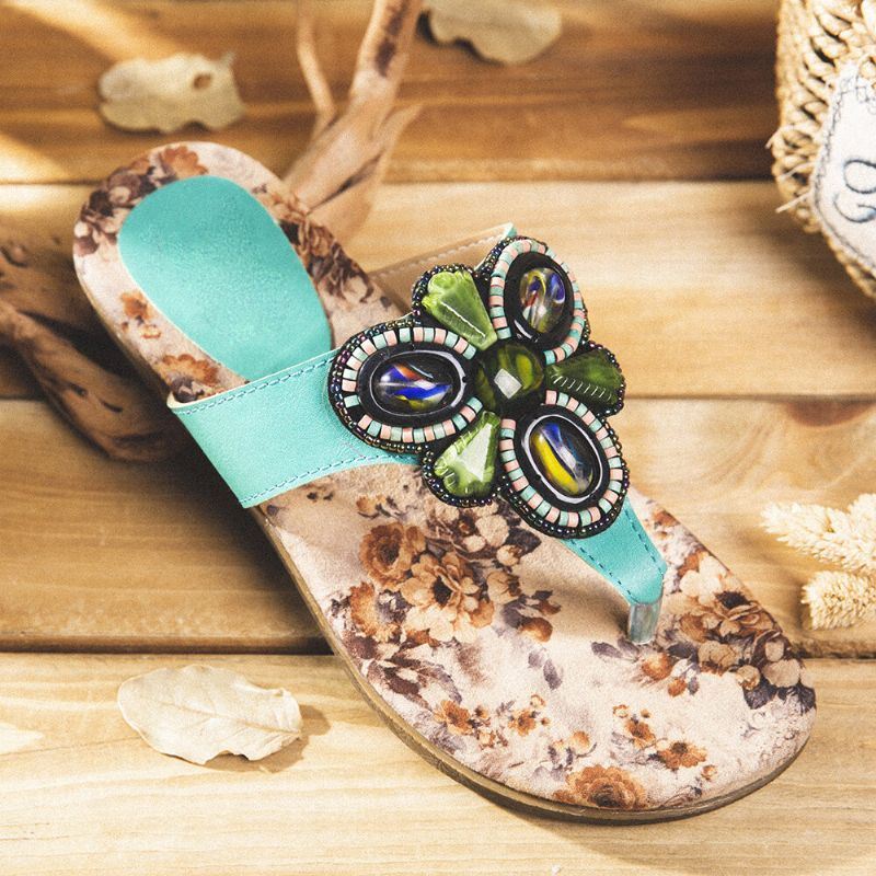 Dames Bohemian Bead Clip Teen Geborduurde Folkways Bloem Patroon Zachte Zool Flip Flop Zomer Strand Casual Platte Sandalen