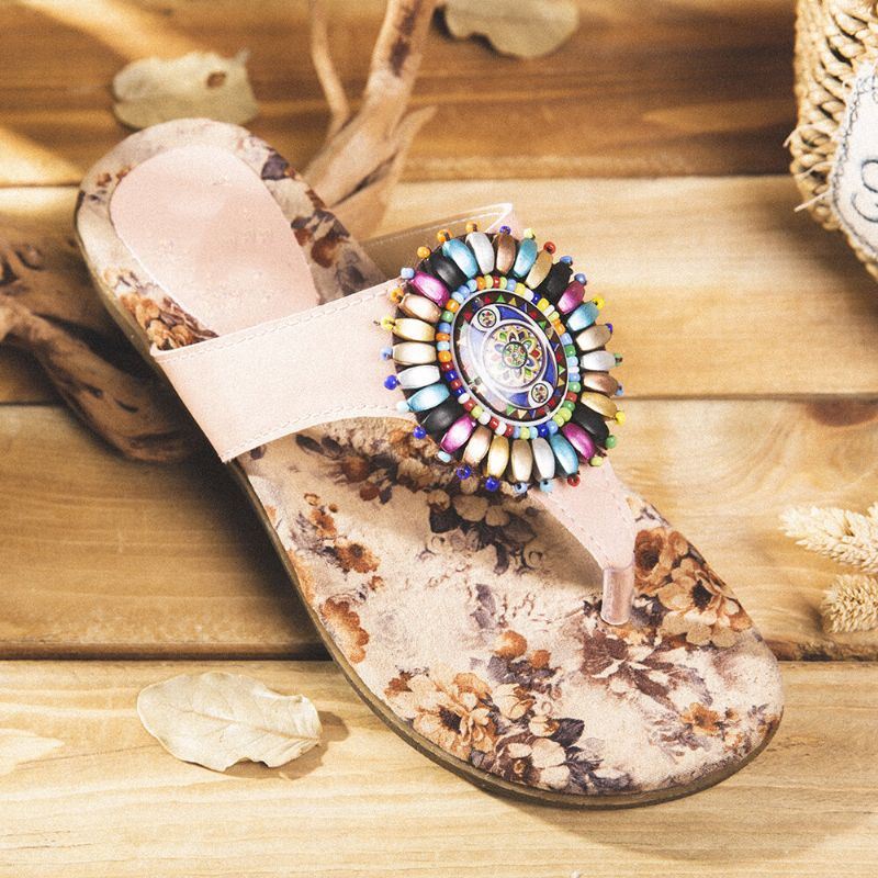 Dames Bohemian Bead Clip Teen Geborduurde Folkways Bloem Patroon Zachte Zool Flip Flop Zomer Strand Casual Platte Sandalen