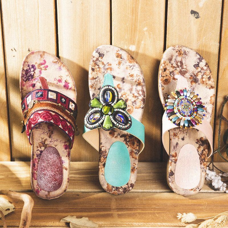 Dames Bohemian Bead Clip Teen Geborduurde Folkways Bloem Patroon Zachte Zool Flip Flop Zomer Strand Casual Platte Sandalen