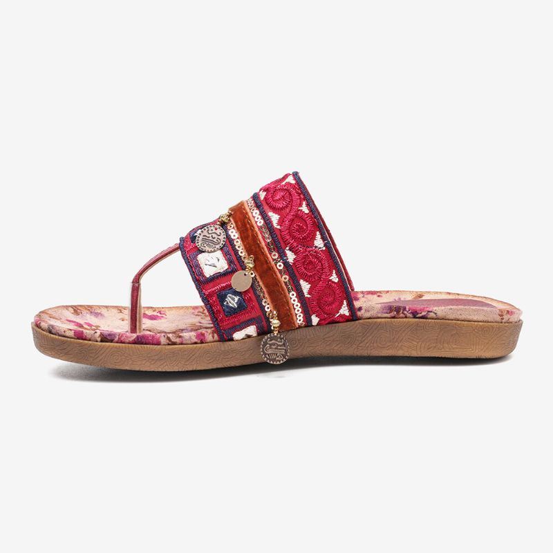 Dames Bohemian Bead Clip Teen Geborduurde Folkways Bloem Patroon Zachte Zool Flip Flop Zomer Strand Casual Platte Sandalen