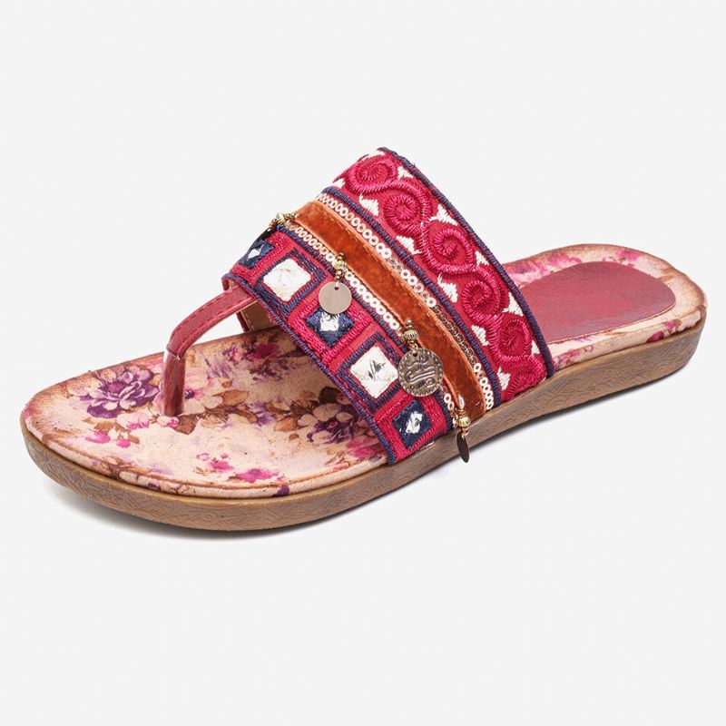 Dames Bohemian Bead Clip Teen Geborduurde Folkways Bloem Patroon Zachte Zool Flip Flop Zomer Strand Casual Platte Sandalen