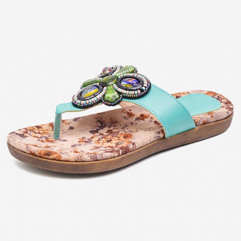 Dames Bohemian Bead Clip Teen Geborduurde Folkways Bloem Patroon Zachte Zool Flip Flop Zomer Strand Casual Platte Sandalen