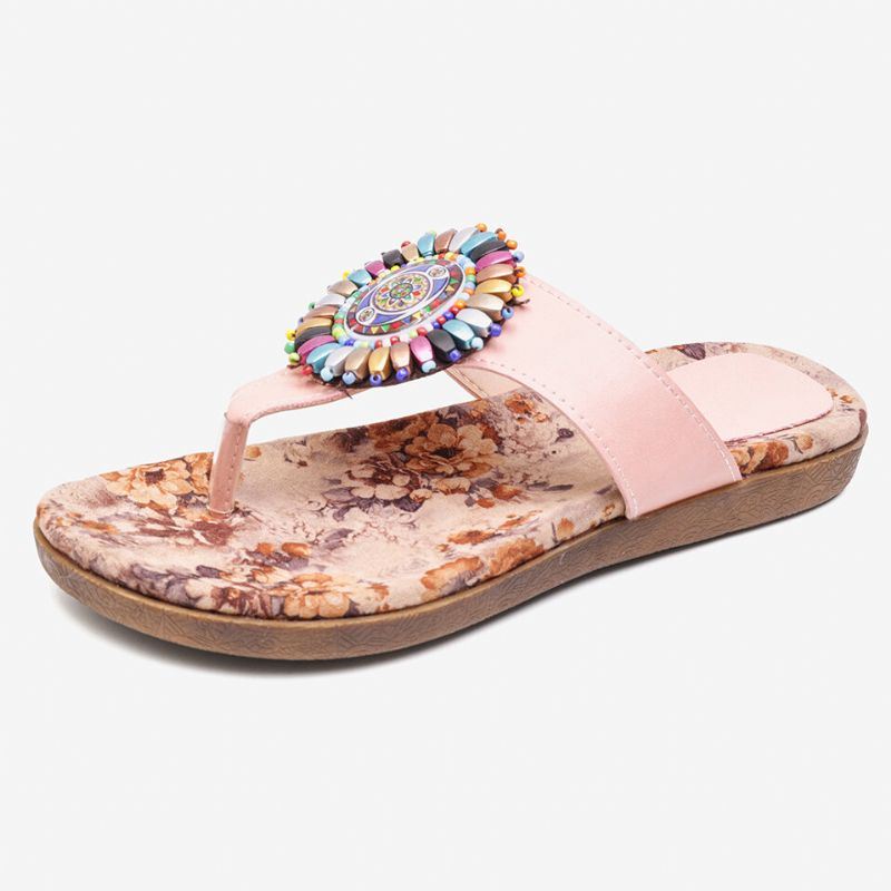 Dames Bohemian Bead Clip Teen Geborduurde Folkways Bloem Patroon Zachte Zool Flip Flop Zomer Strand Casual Platte Sandalen