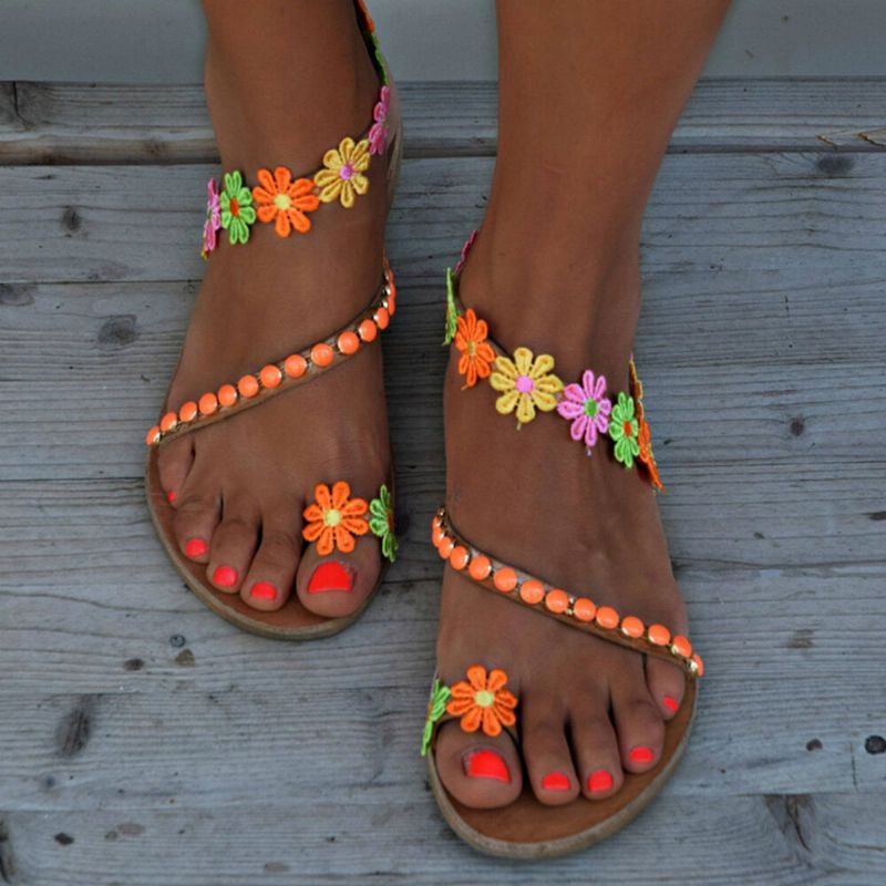 Dames Bohemian Bloem Decoratie Kraal Slip Op Clip Teen Zomer Strand Platte Sandalen