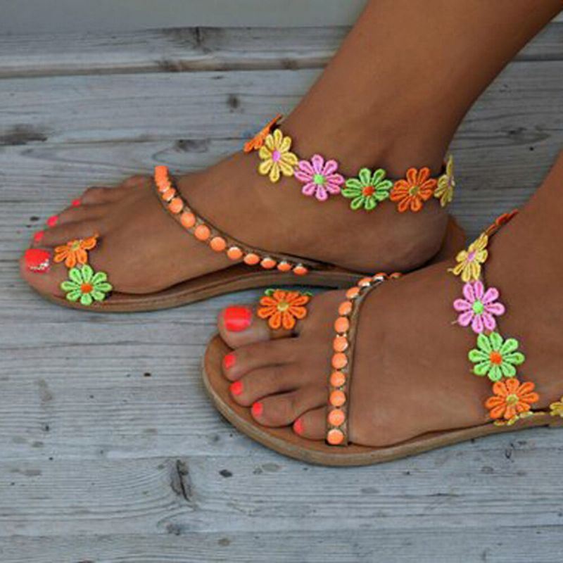 Dames Bohemian Bloem Decoratie Kraal Slip Op Clip Teen Zomer Strand Platte Sandalen