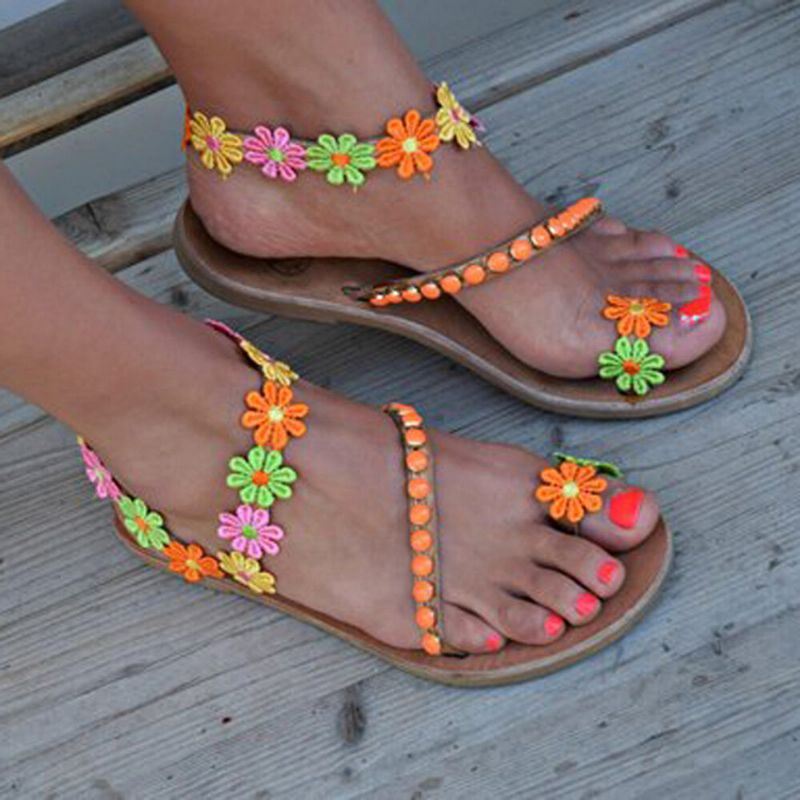 Dames Bohemian Bloem Decoratie Kraal Slip Op Clip Teen Zomer Strand Platte Sandalen