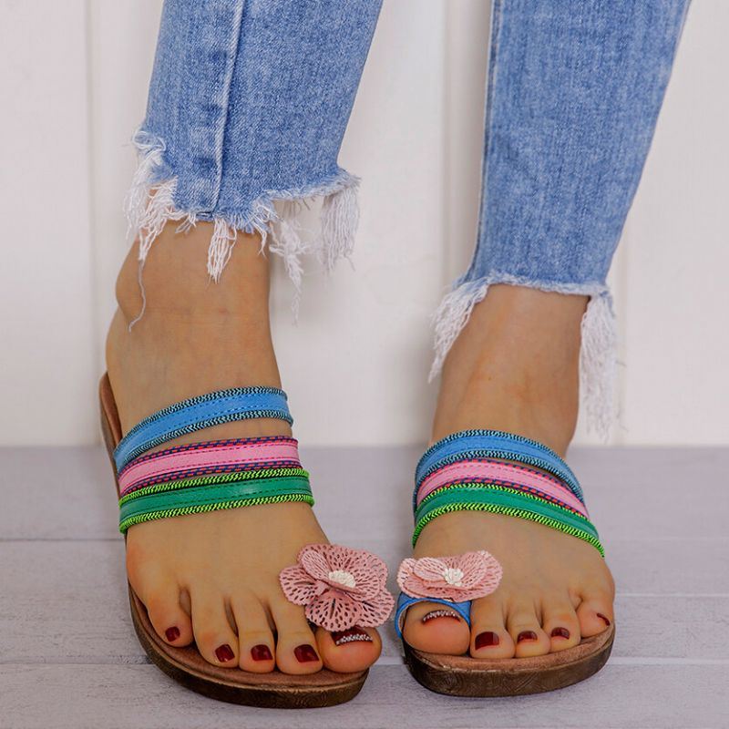 Dames Bohemian Bloem Decoratie Teen Ring Casual Zomer Platte Sandalen