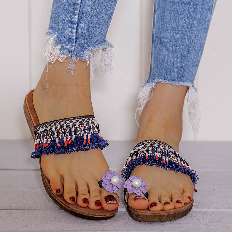 Dames Bohemian Bloem Decoratie Teen Ring Casual Zomer Platte Sandalen