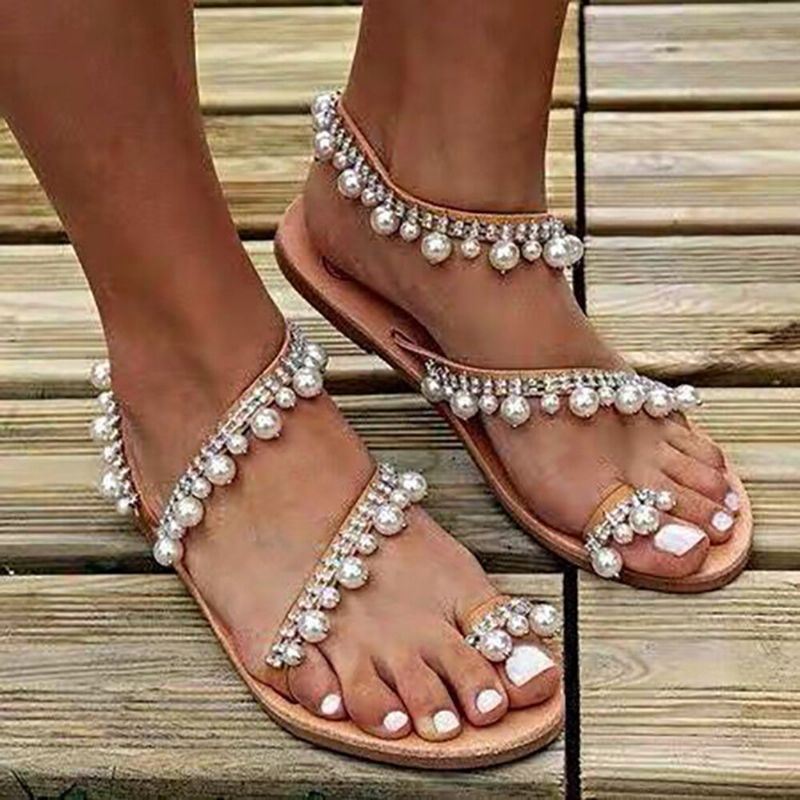 Dames Bohemian Clip Teen Bead Decoratie Slip Op Elastische Band Casual Vakantie Strand Platte Sandalen