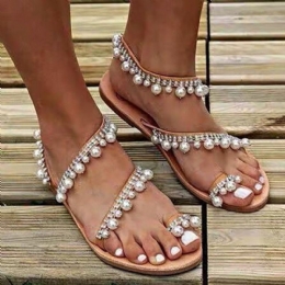 Dames Bohemian Clip Teen Bead Decoratie Slip Op Elastische Band Casual Vakantie Strand Platte Sandalen