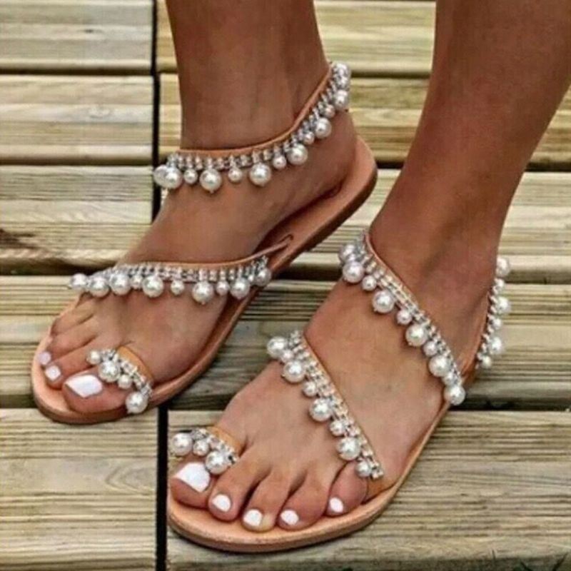 Dames Bohemian Clip Teen Bead Decoratie Slip Op Elastische Band Casual Vakantie Strand Platte Sandalen