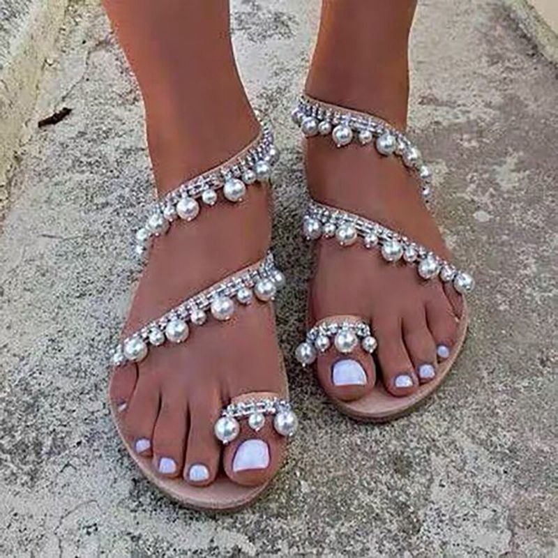 Dames Bohemian Clip Teen Bead Decoratie Slip Op Elastische Band Casual Vakantie Strand Platte Sandalen