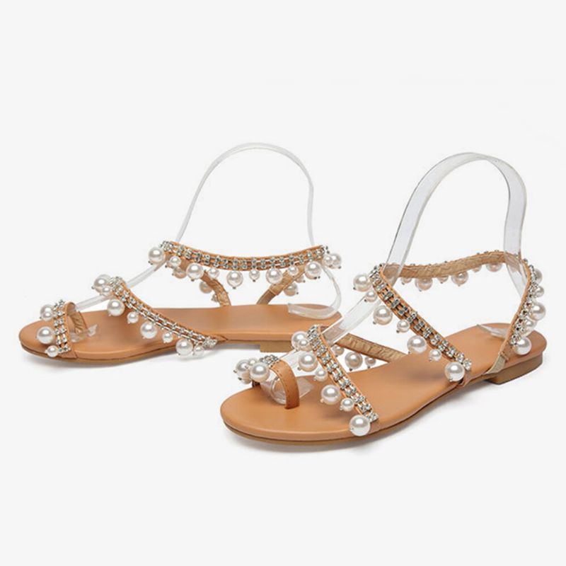 Dames Bohemian Clip Teen Bead Decoratie Slip Op Elastische Band Casual Vakantie Strand Platte Sandalen