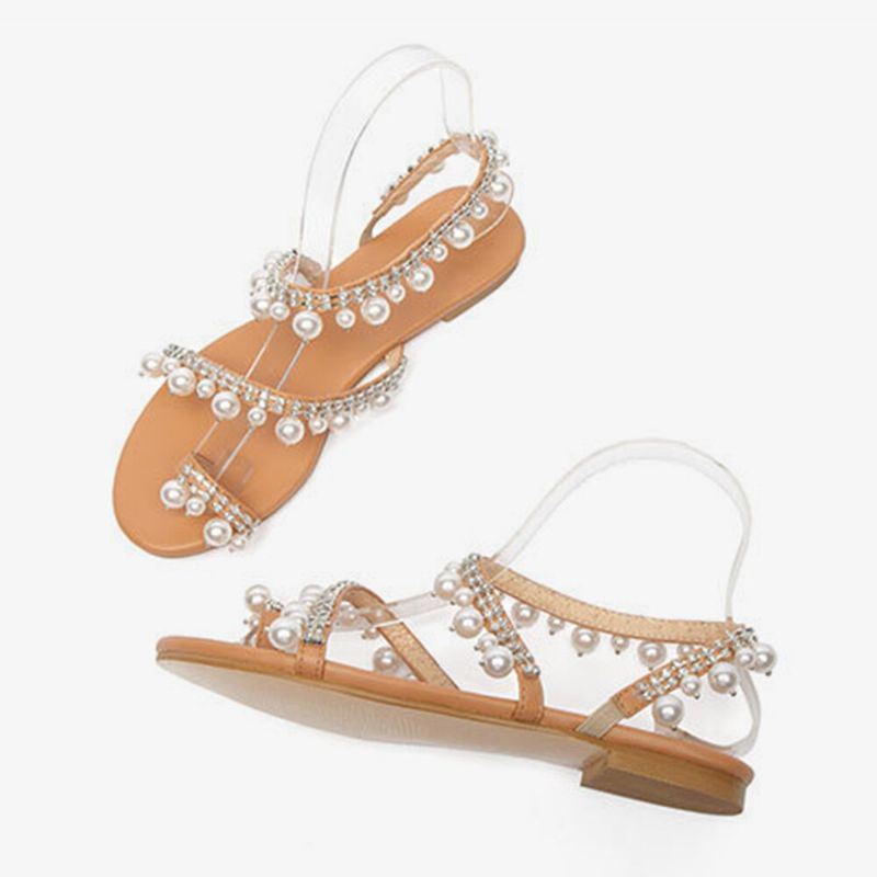 Dames Bohemian Clip Teen Bead Decoratie Slip Op Elastische Band Casual Vakantie Strand Platte Sandalen