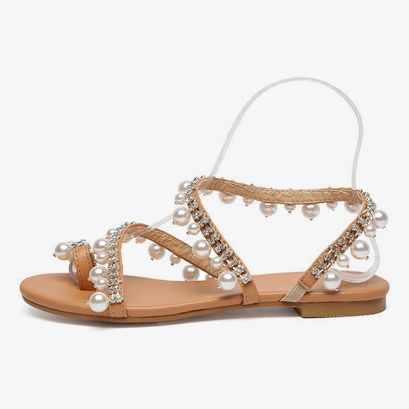 Dames Bohemian Clip Teen Bead Decoratie Slip Op Elastische Band Casual Vakantie Strand Platte Sandalen